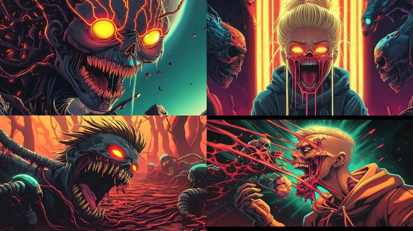 Fiery Inferno: An Intense Fusion of Vivid Hues and Dynamic Horror - Midjourney sref style