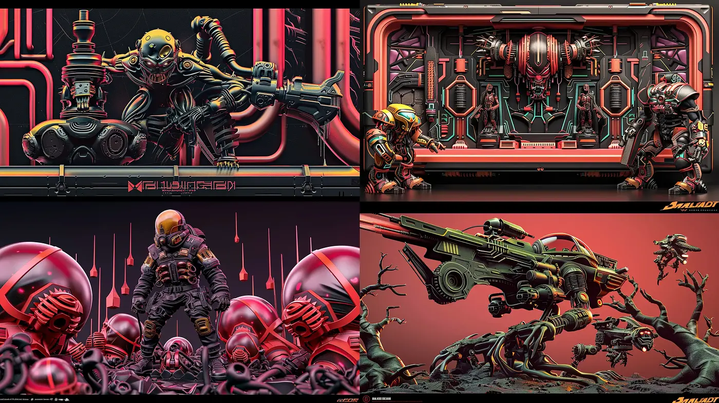 Futuristic Mechanical Renaissance in Neon Crimson - Midjourney sref style
