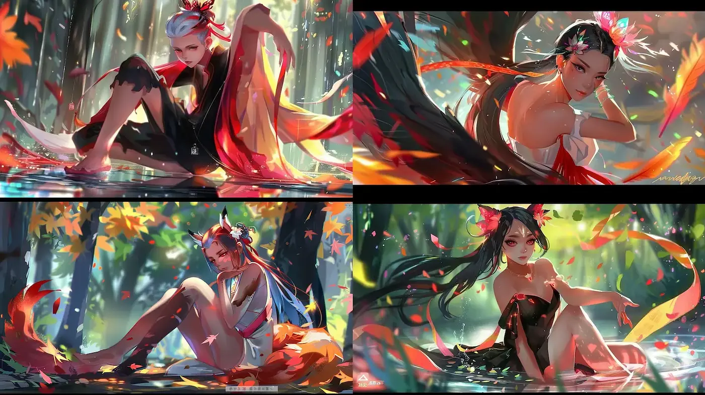 Dynamic anime-inspired fantasy compositions with vivid elements - Midjourney sref style