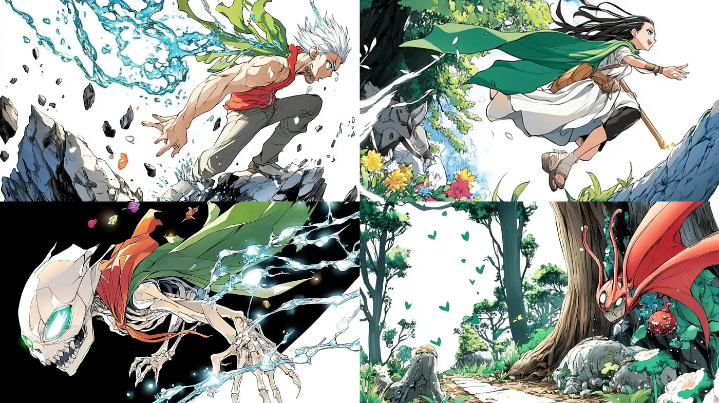 Dynamic Anime-Inspired Action with Vivid Natural Elements - Midjourney sref style