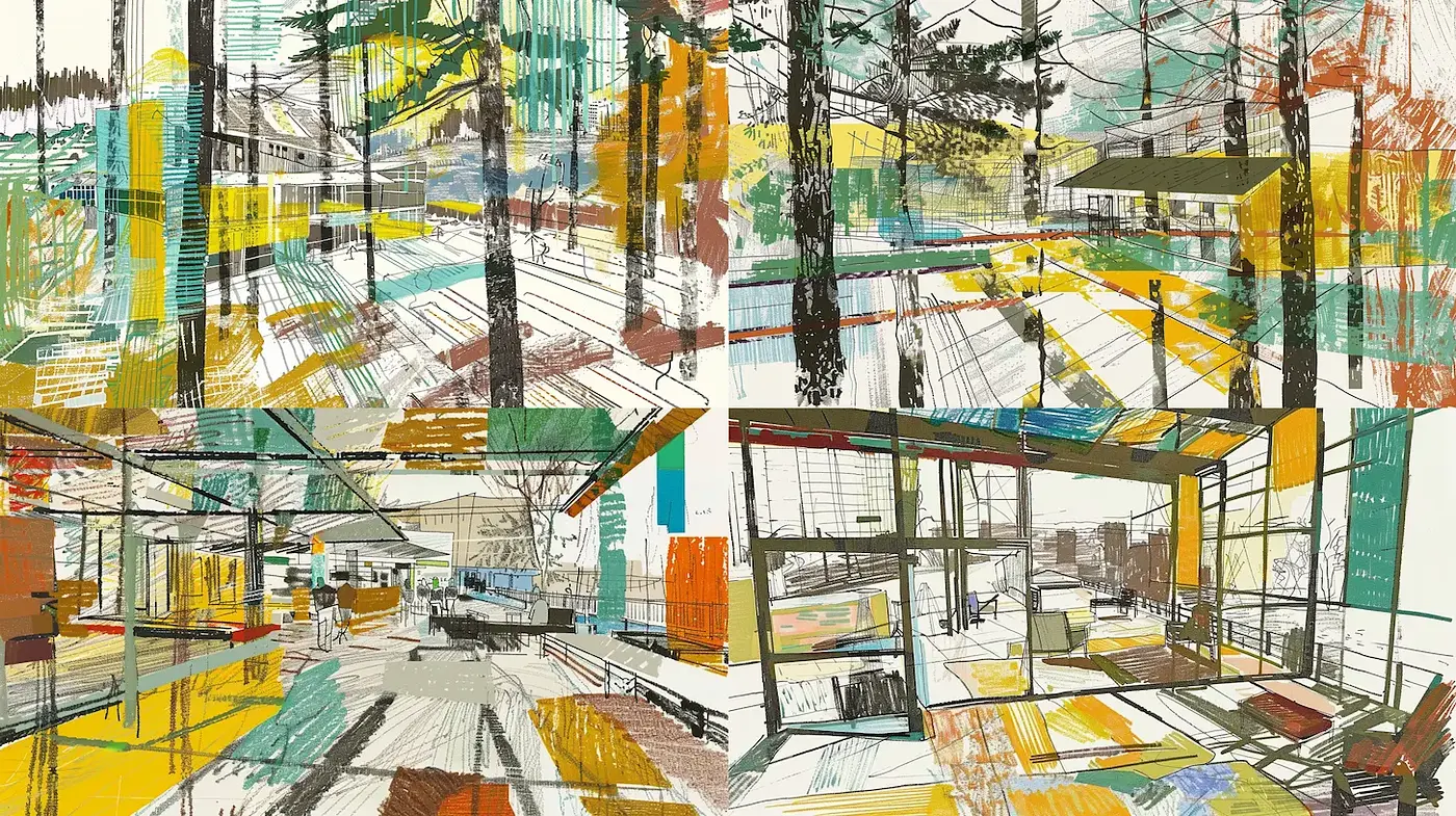 Dynamic and Abstract Architectural Landscapes with Organic Elements - Midjourney sref style
