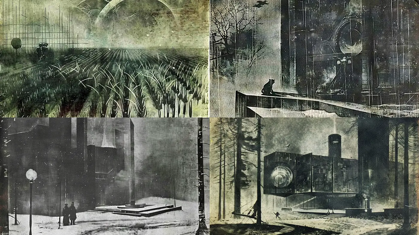 Ethereal Monochromatic Visions: A Fusion of Vintage Fantasy and Architectural Mystique - Midjourney sref style