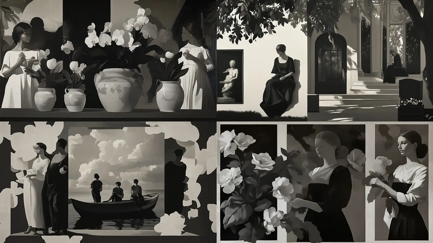 Monochromatic Elegance in Staged Tableaus - Midjourney sref style
