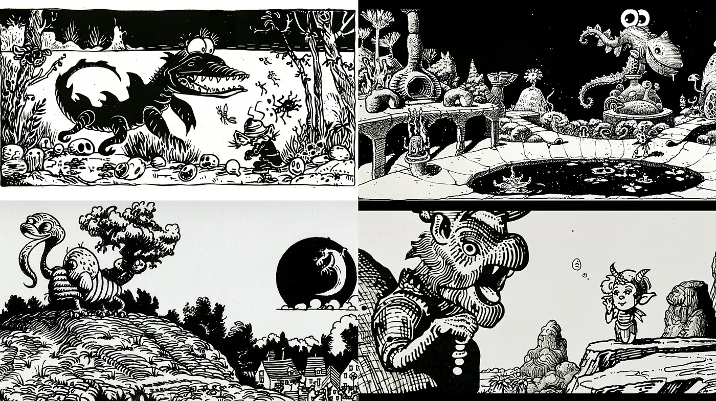Monochrome Fantasia: A Homage to Surrealistic Vintage Storybook Illustrations - Midjourney sref style