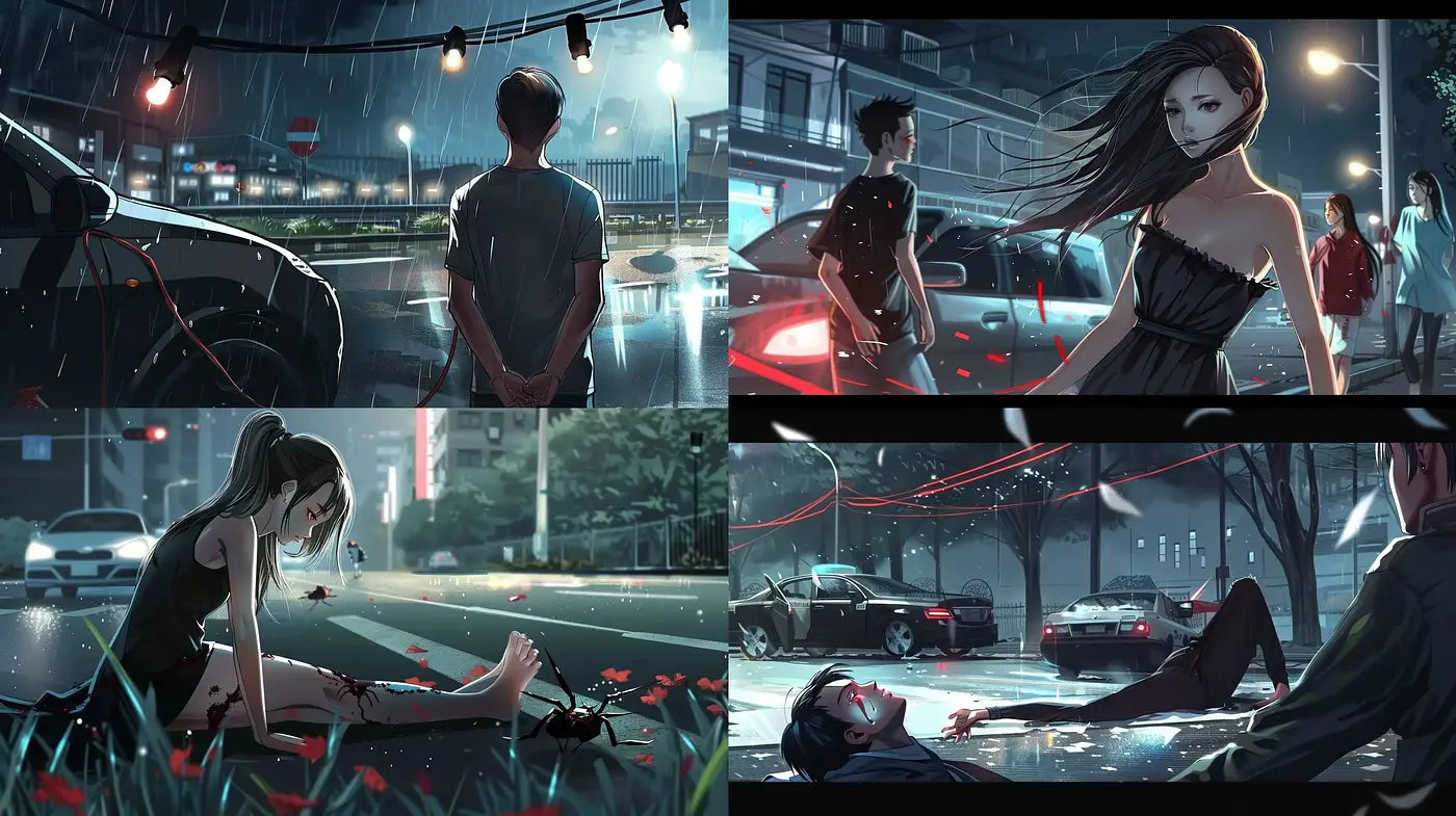 Dramatic Nocturnal Anime Influenced Urban Rain - Midjourney sref style