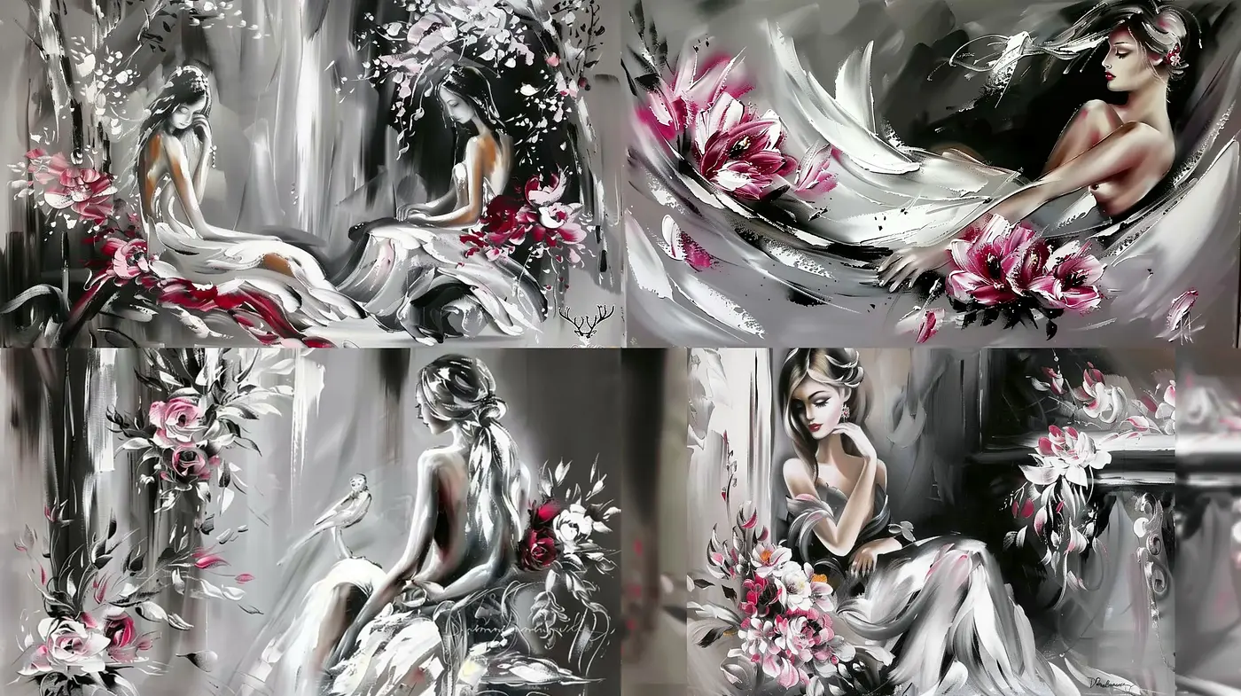 Ethereal Brushstrokes of Monochromatic Elegance with Floral Contrasts - Midjourney sref style