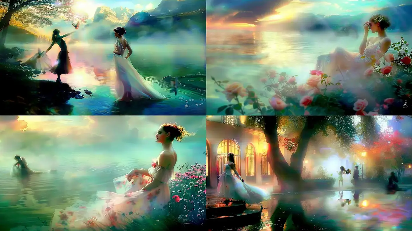 Dreamlike ethereal landscapes with mystical figures - Midjourney sref style