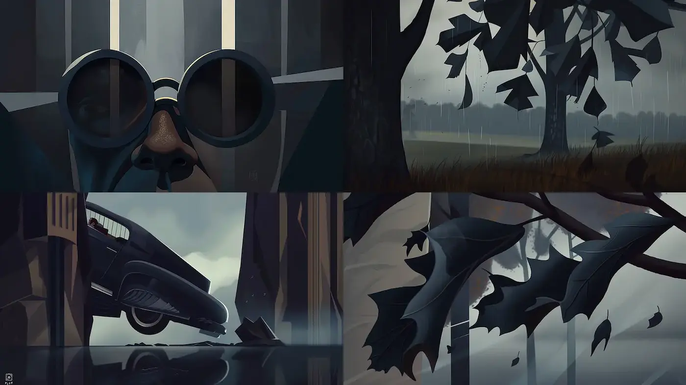 Dramatic and moody digital art with a touch of noir and surreal elements - Midjourney sref style