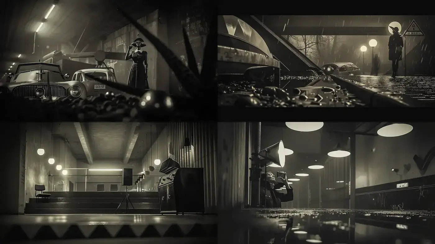 Cinematic Noir with a Vintage Futuristic Twist - Midjourney sref style