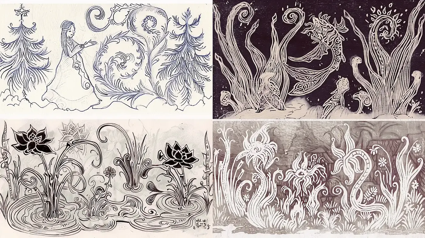 Intricate Flowing Designs with a Whimsical and Organic Aesthetic - Midjourney sref style