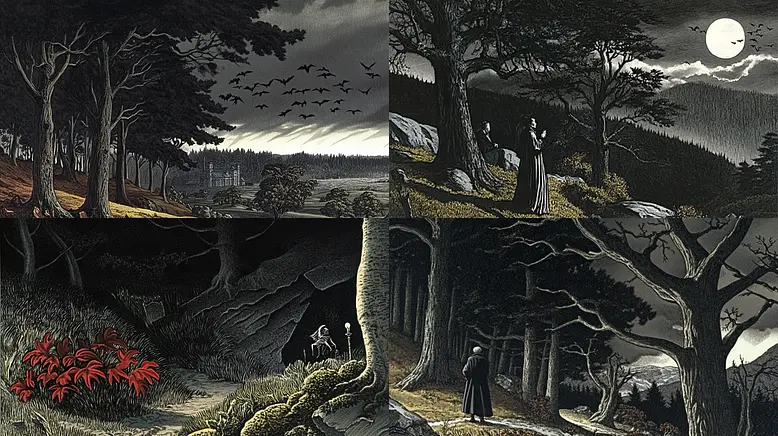 Dramatic and atmospheric landscapes with a haunting quality