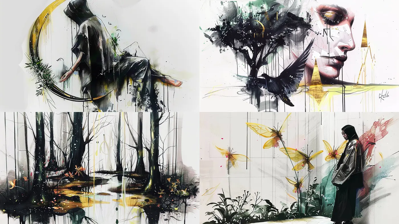 Ethereal Brushwork Symphonies: A Fusion of Contemporary Abstract and Traditional Aesthetics - Midjourney sref style