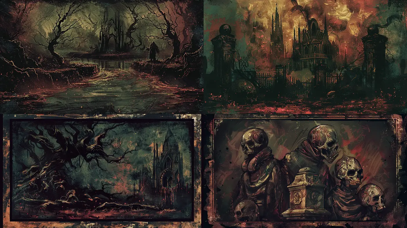 Eerie Gothic Tapestry: A Darkly Romantic Artistic Ensemble - Midjourney sref style
