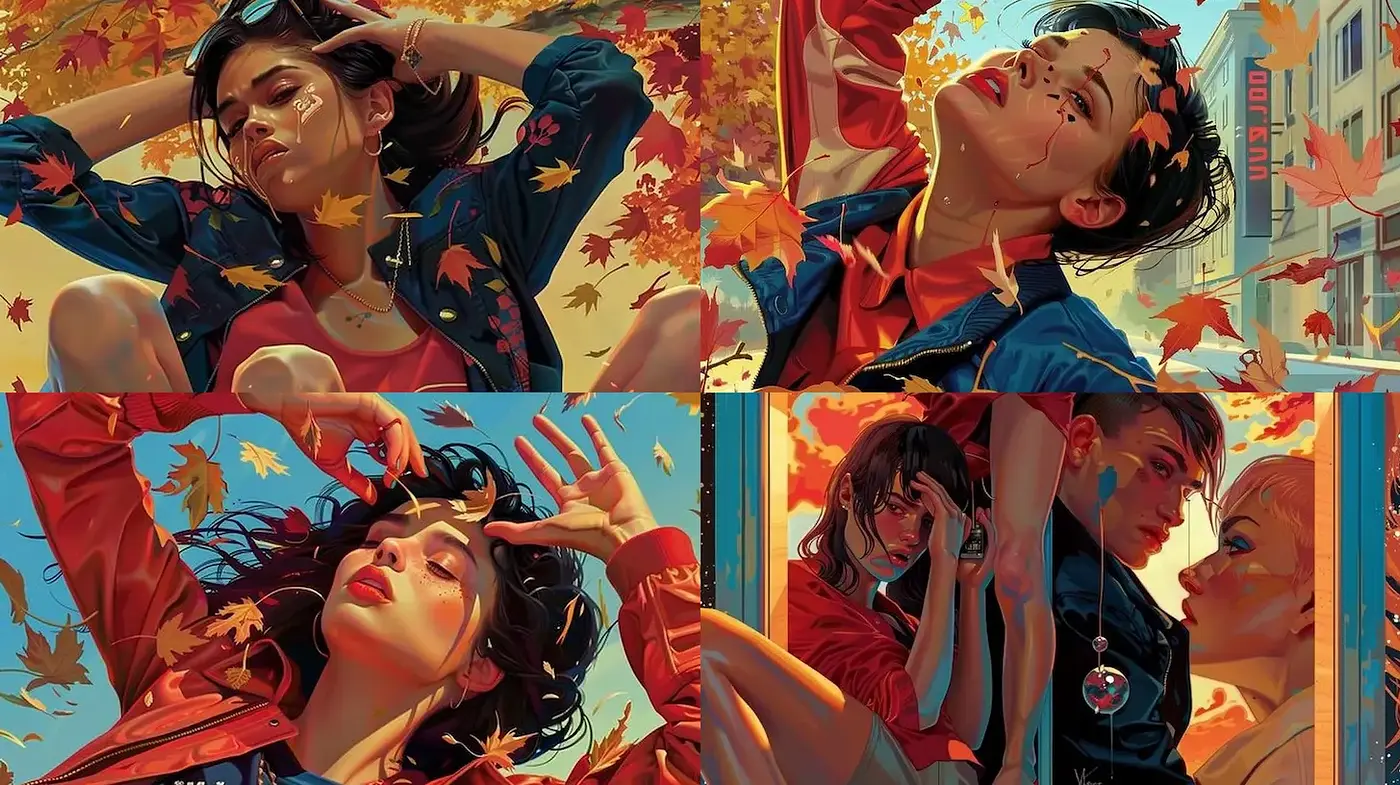 Autumn Inspired Vivid Portraits with Modern Flair and Dynamic Textures - Midjourney sref style