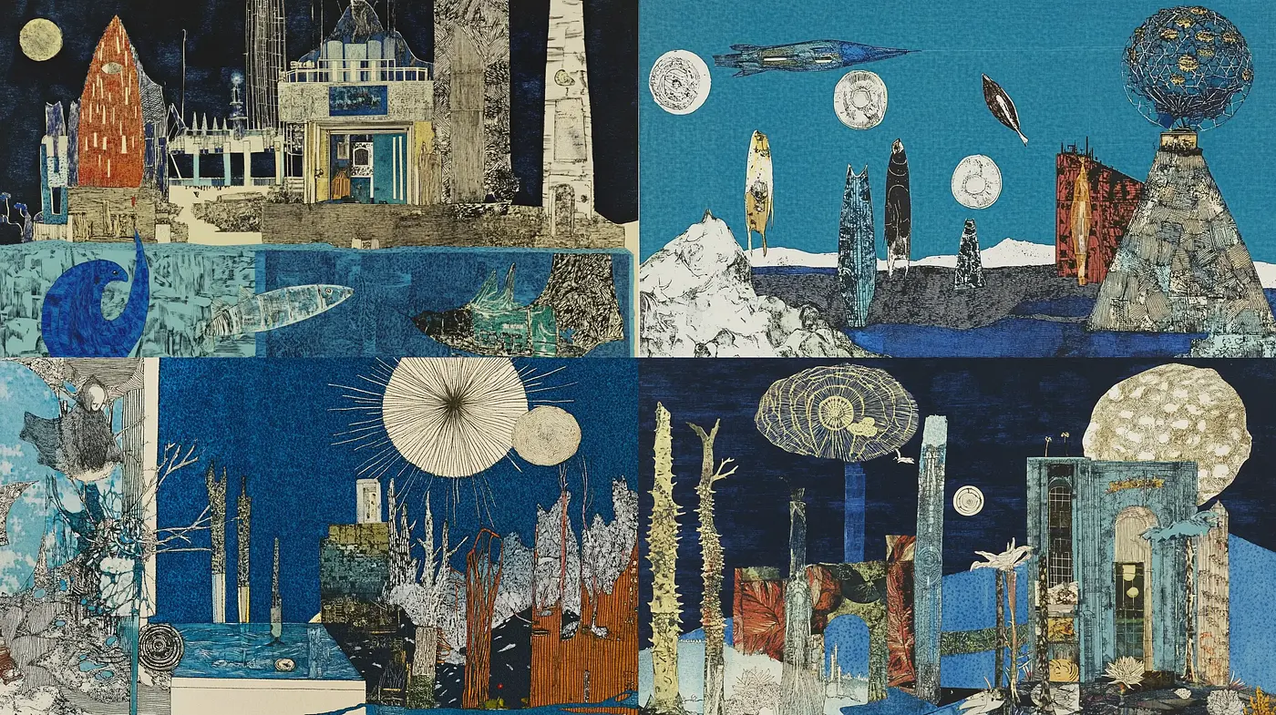 Collage of Midnight Hues and Dreamlike Visions - Midjourney sref style