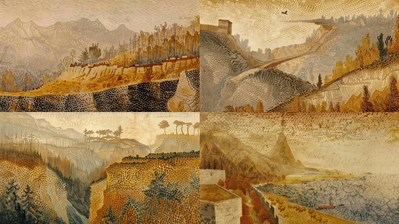 Antique Sepia-Toned Landscape Portrayals with Textured Stippling - Midjourney sref style