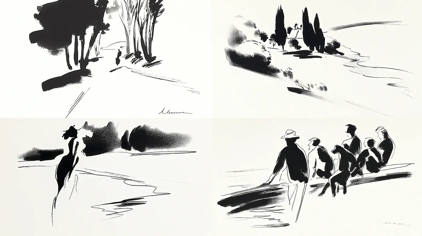 Elegant Minimalist Black and White Illustrations with Fluid Lines - Midjourney sref style