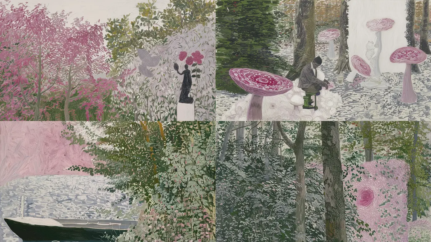 Pastoral Symphony in Pink and Green: An Ode to Textured Serenity - Midjourney sref style