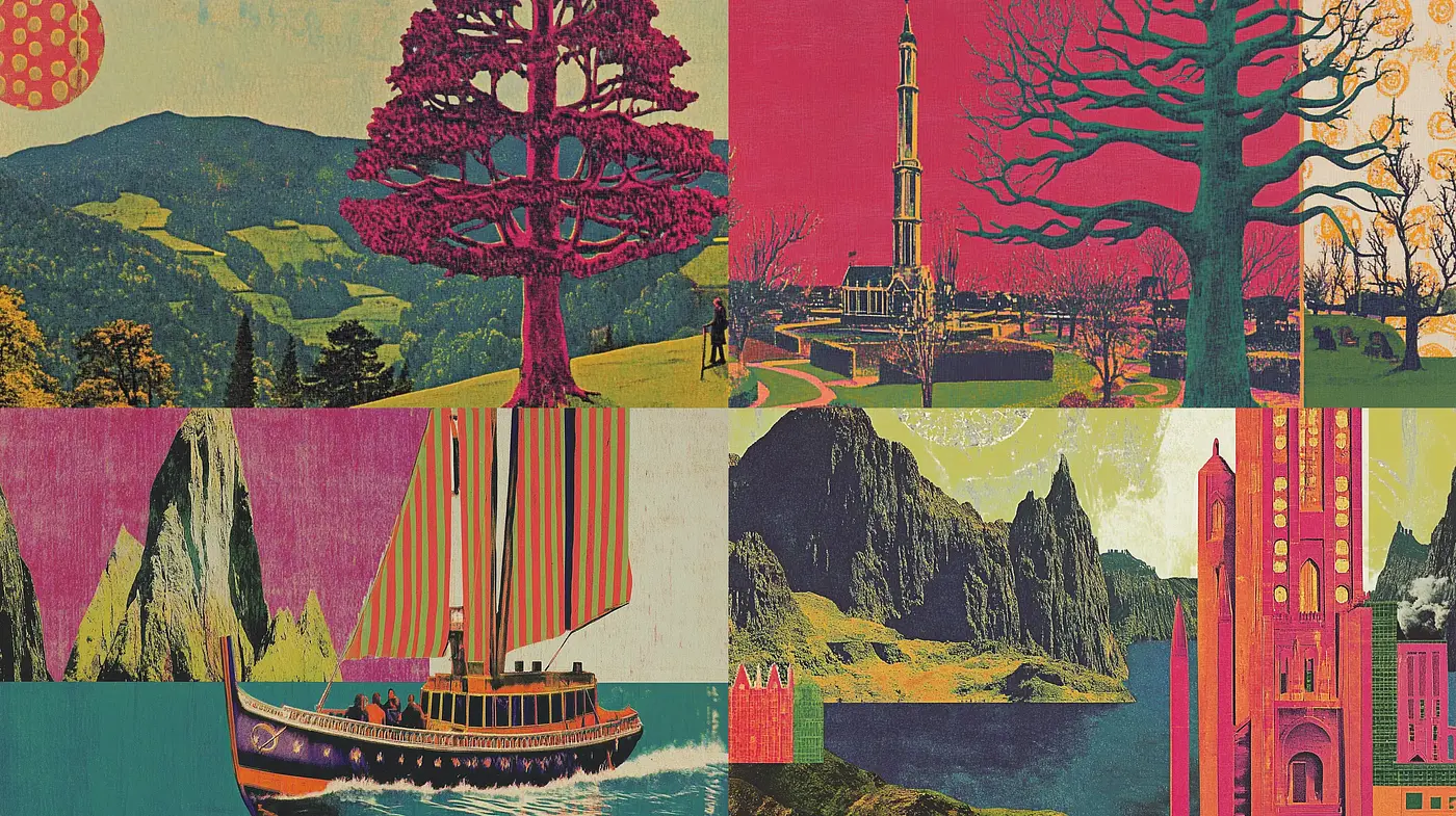 Retro Illustrated Travel Postcards with Pastel Nuances - Midjourney sref style
