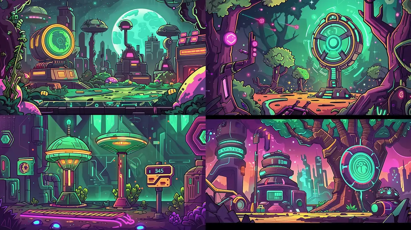 Vibrant Sci-Fi Landscapes with a Futuristic Yet Whimsical Feel - Midjourney sref style
