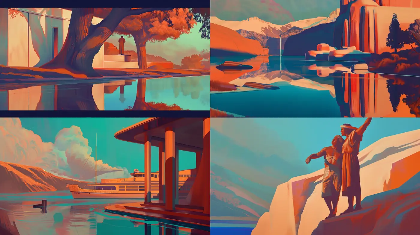 Saturated Geometric Reflections in Serene Panoramas - Midjourney sref style