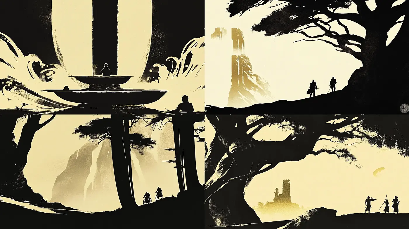 Silhouetted Dreamscape: Stylized Natural Contrast in Sepia Monochrome - Midjourney sref style