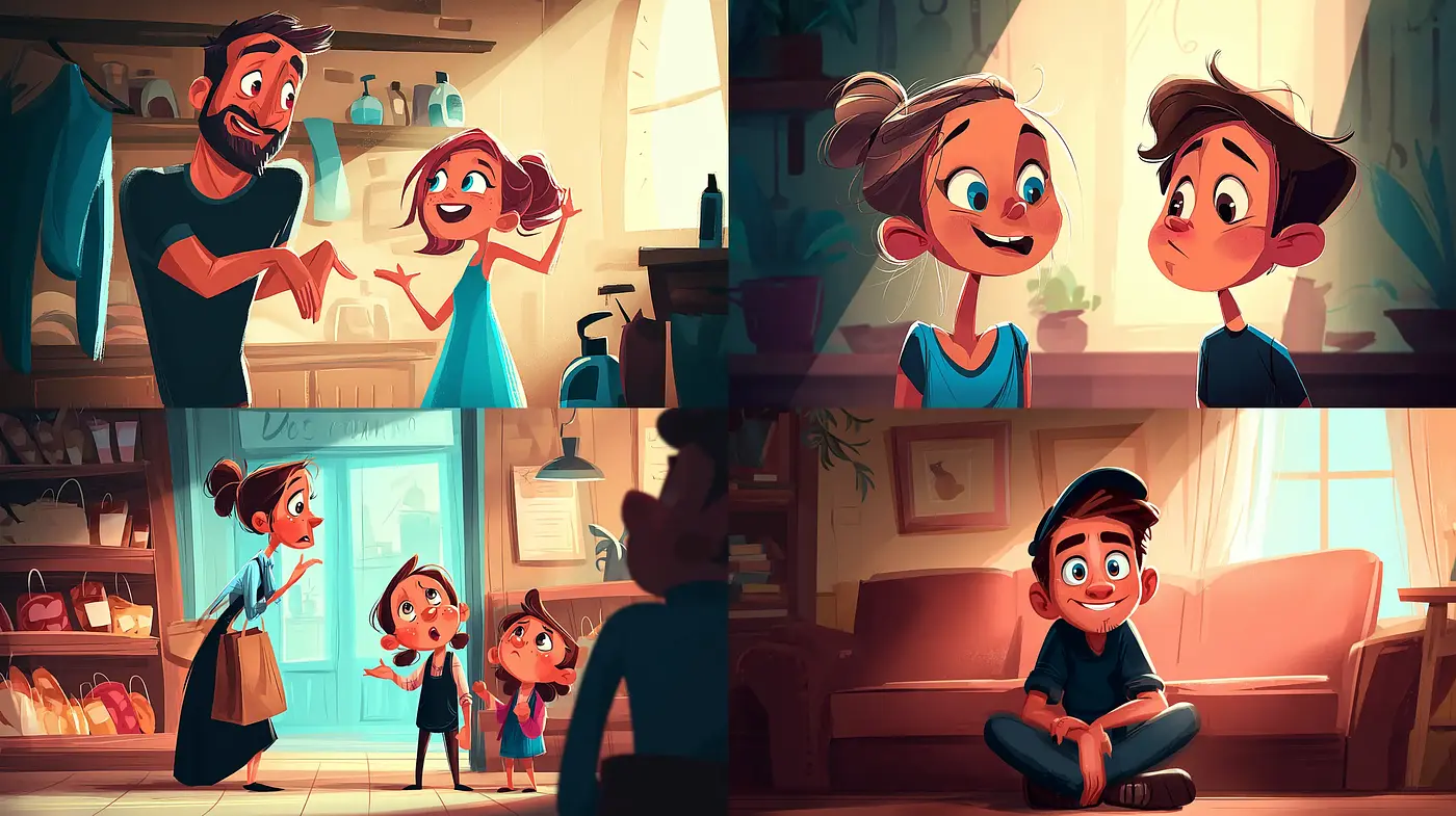 Vibrant and Playful Animated Family Scenes with a Whimsical Charm - Midjourney sref style