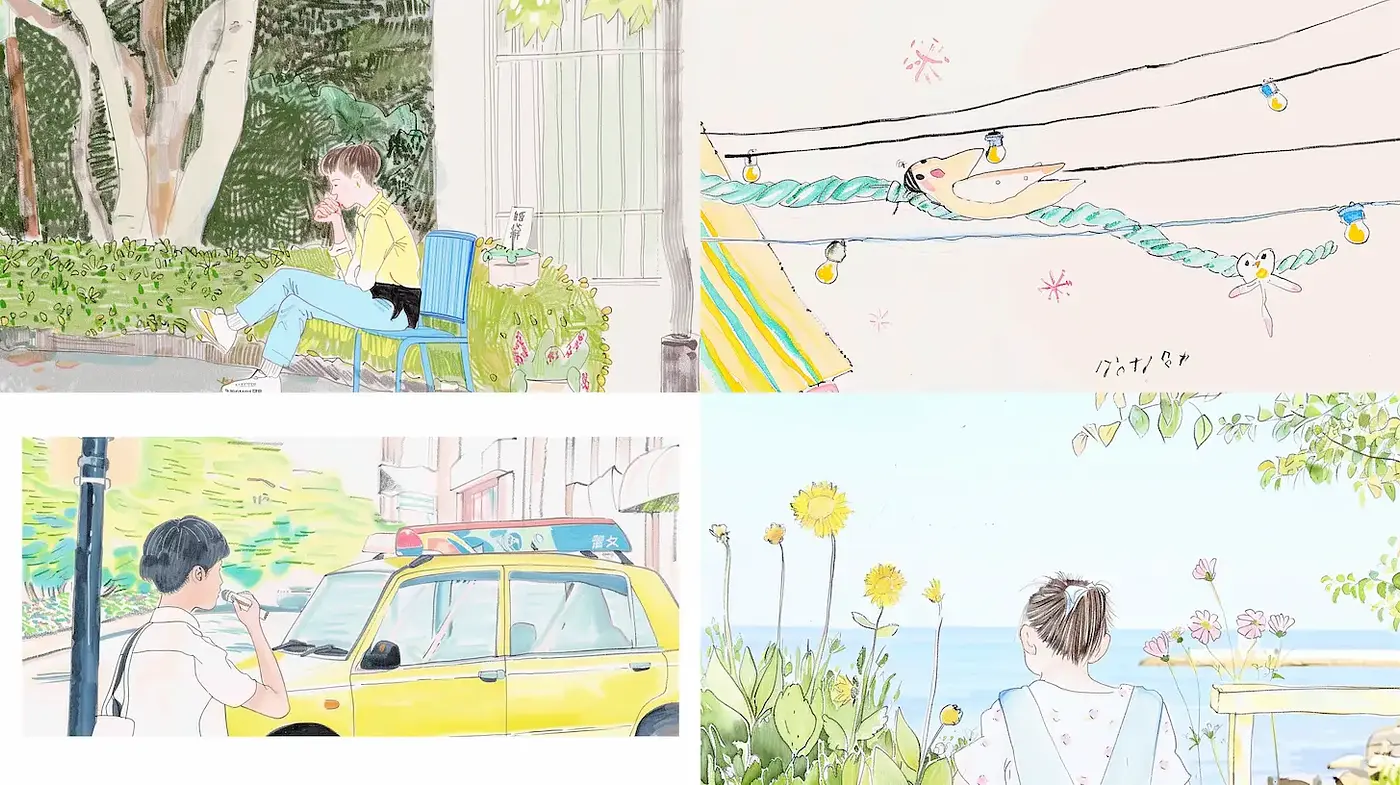 Serene and Playful Illustrated Scenes with a Light Pastel Aesthetic - Midjourney sref style