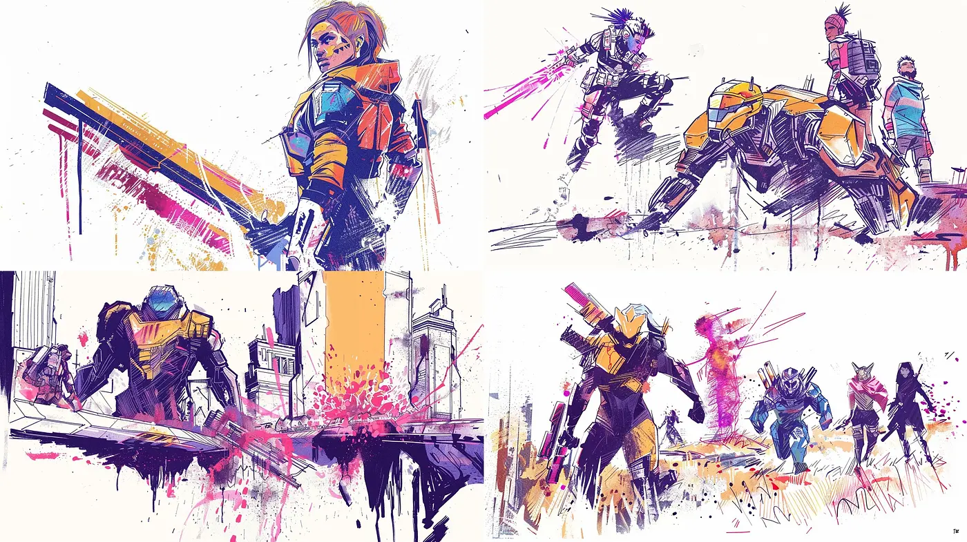 Energetic Synthwave-inspired Dynamic Sketches with Vibrant Splashes of Neon - Midjourney sref style