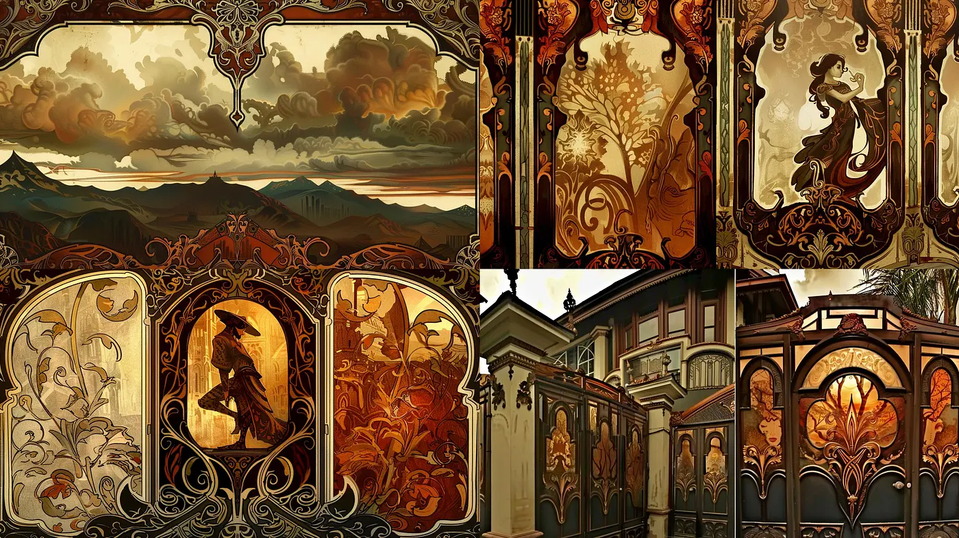 Elegant Art Nouveau Fusion with a Sunset Color Symphony - Midjourney sref style