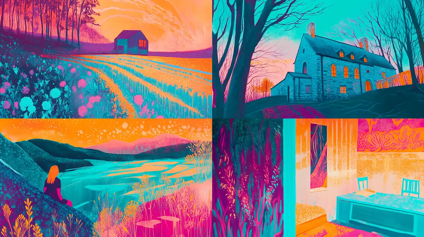 Surreal Color Contrast in Pastoral and Domestic Scenes - Midjourney sref style