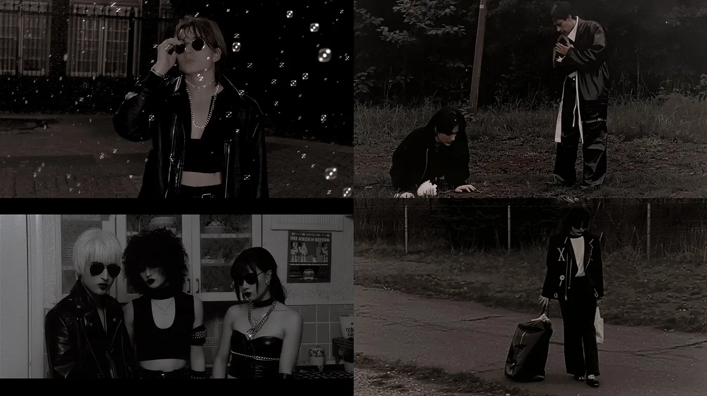 Monochromatic Elegance: A Fusion of Film Noir and Modern Goth Aesthetics - Midjourney sref style