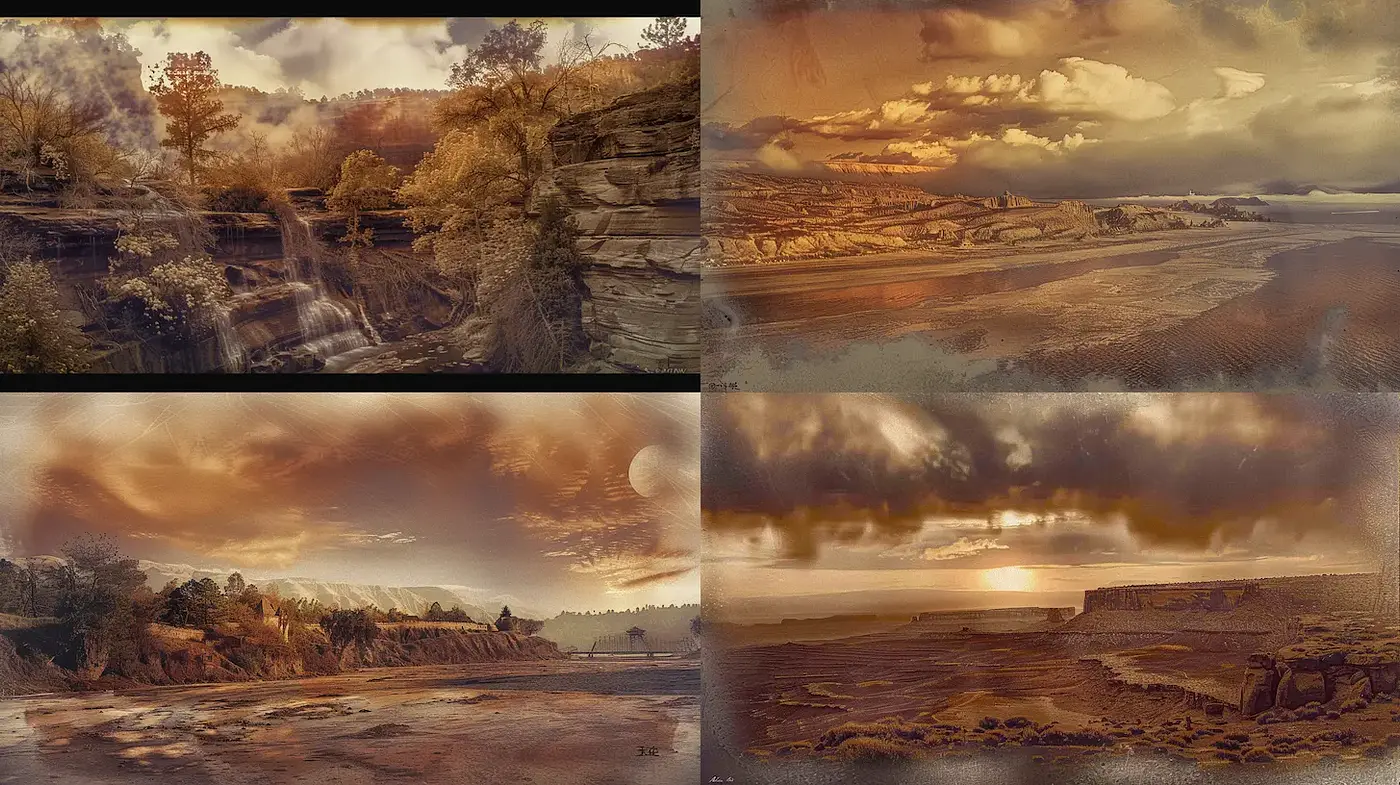 Ethereal Landscape Art with Vintage Undertones and Atmospheric Depth - Midjourney sref style