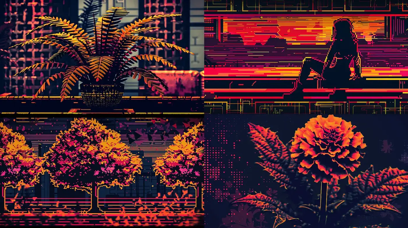 Digital Flora with a Retro Futurism Aesthetic - Midjourney sref style