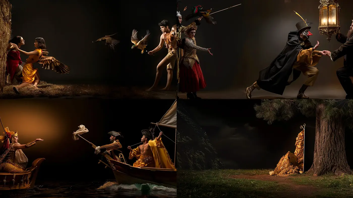 Dramatic Theatrical Tableaus with Baroque Influences - Midjourney sref style