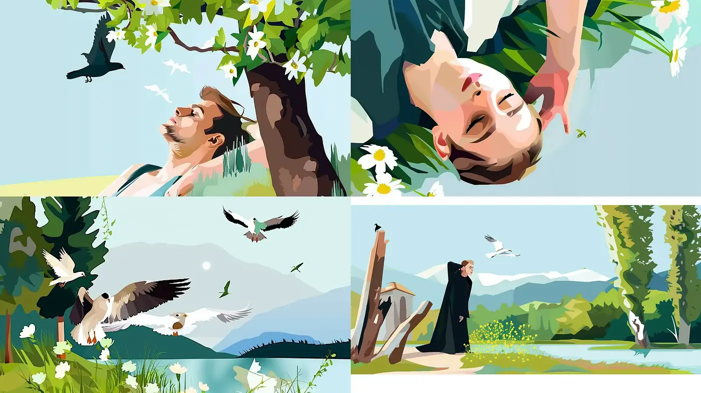 Serene Vector Nature Scenes with Harmonious Color Blending and Flat Textures - Midjourney sref style