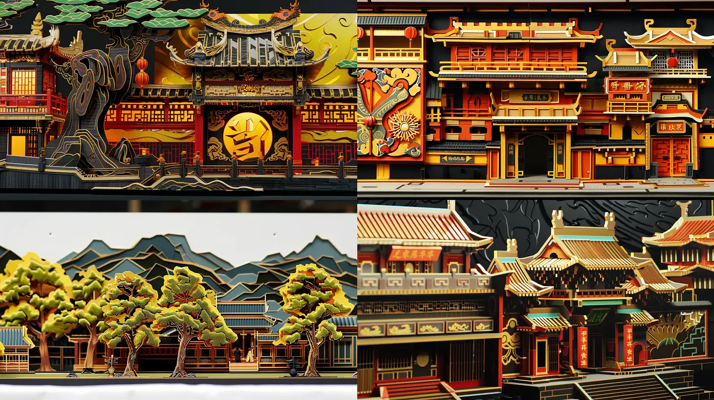 Stylized Digital Fusion of Traditional Eastern Architecture - Midjourney sref style