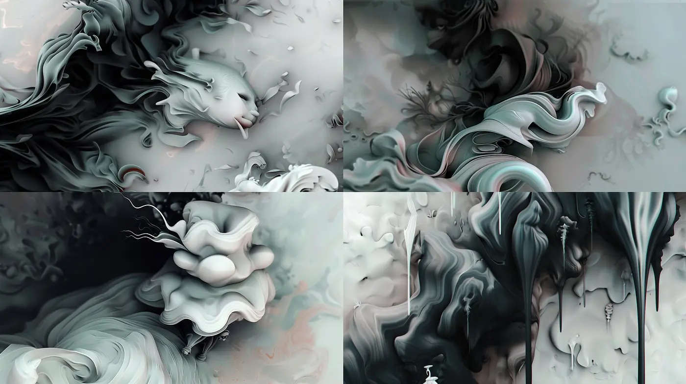 Ethereal Fluidity: A Consistent Exploration of Surrealist Dreams in Monochromatic Shades - Midjourney sref style