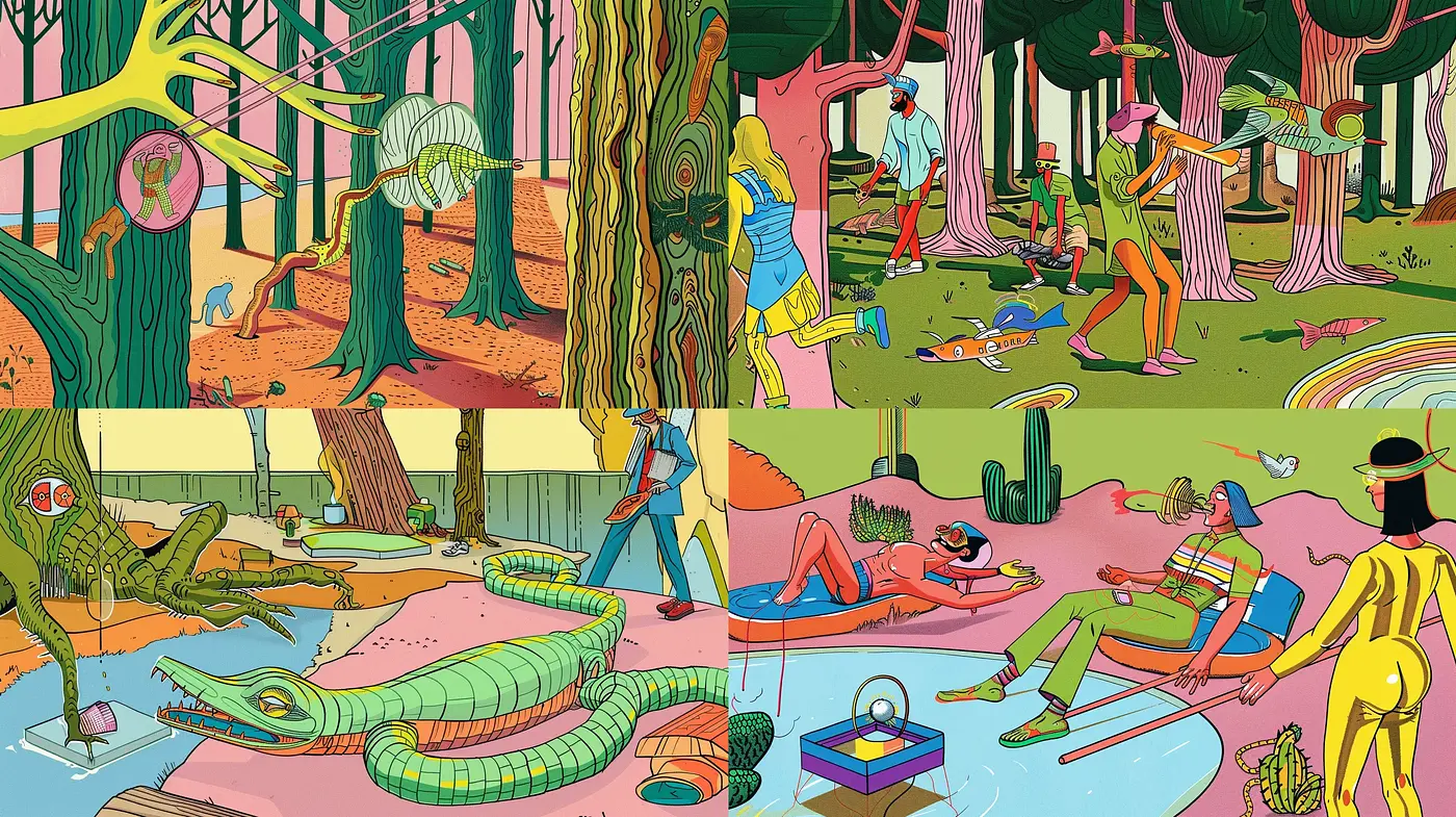 Surreal Comic-Inspired Dreamscape with Vibrant Contrasts - Midjourney sref style
