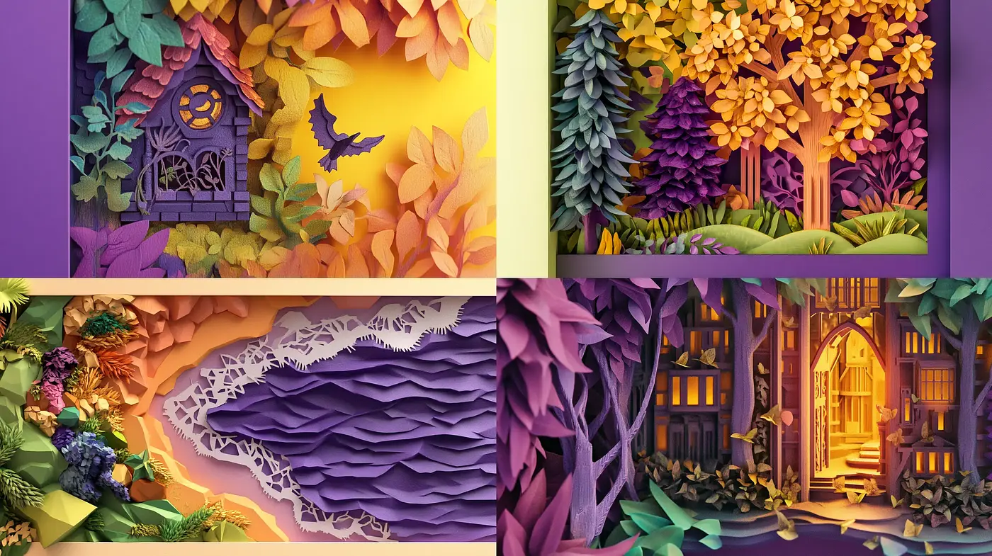 Luminous Autumn Fantasy in Paper Art Illustration - Midjourney sref style