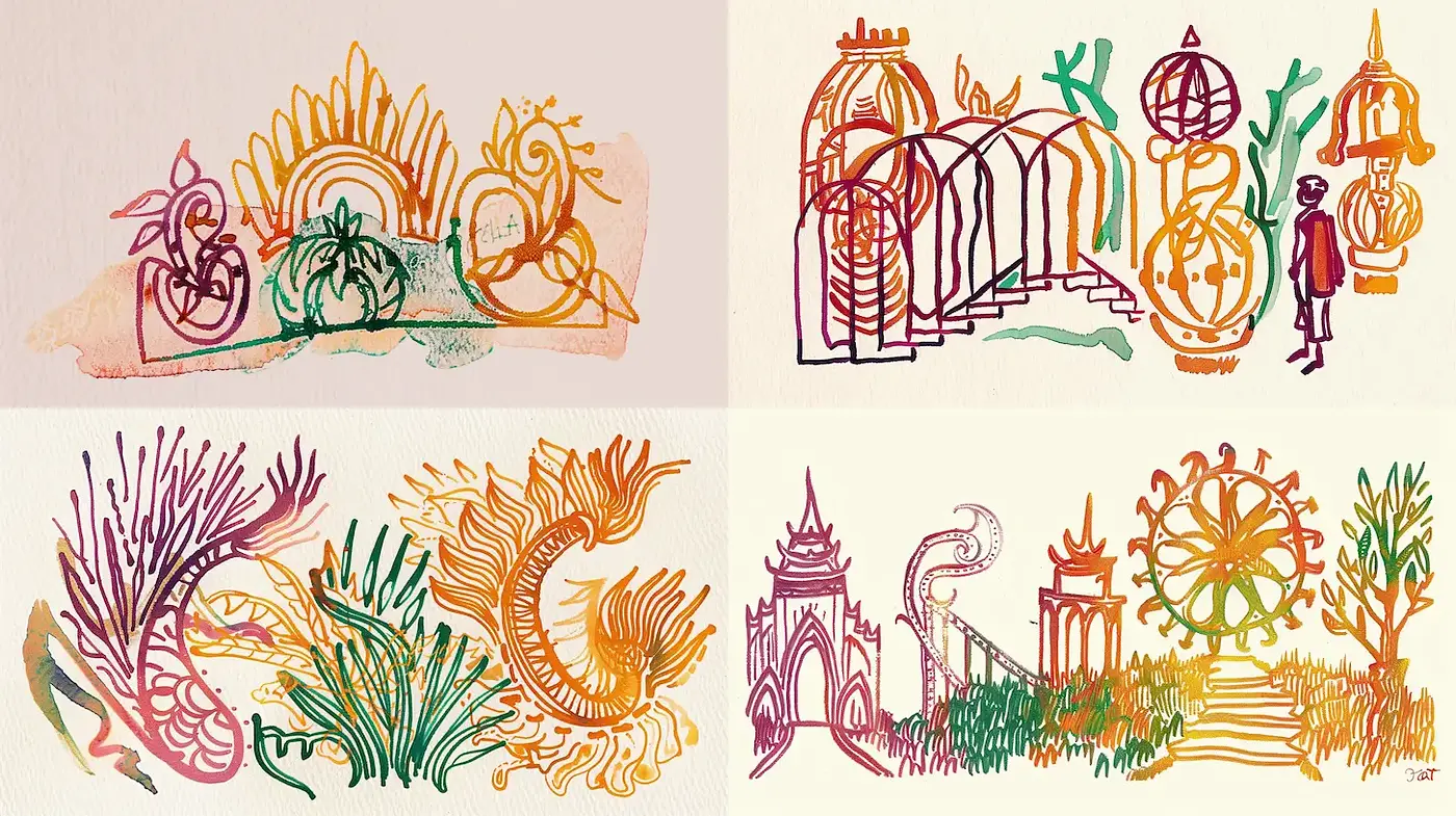 Whimsical and Vibrant Illustrations with Fluid Lines and Natural Motifs - Midjourney sref style