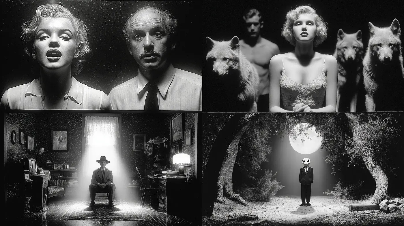 Moody monochrome style with vintage cinematic influences - Midjourney sref style