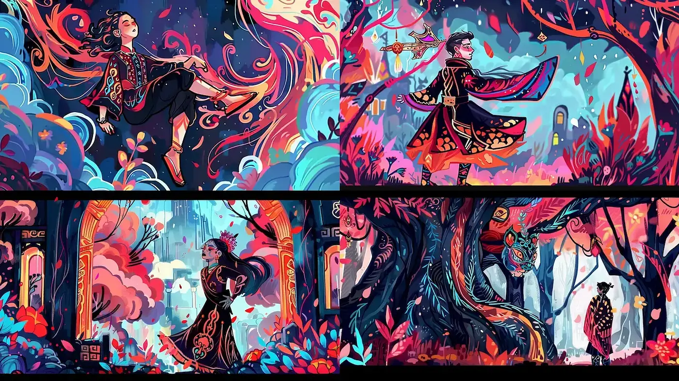 Vibrant, Ethereal Narrative with Bold Colors and Dynamic Composition - Midjourney sref style