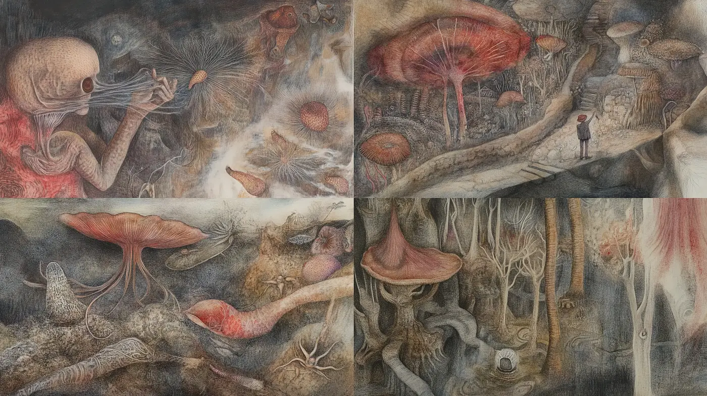 Ethereal Mycological Dreamscape: A Fusion of Surrealism and Fantasy - Midjourney sref style