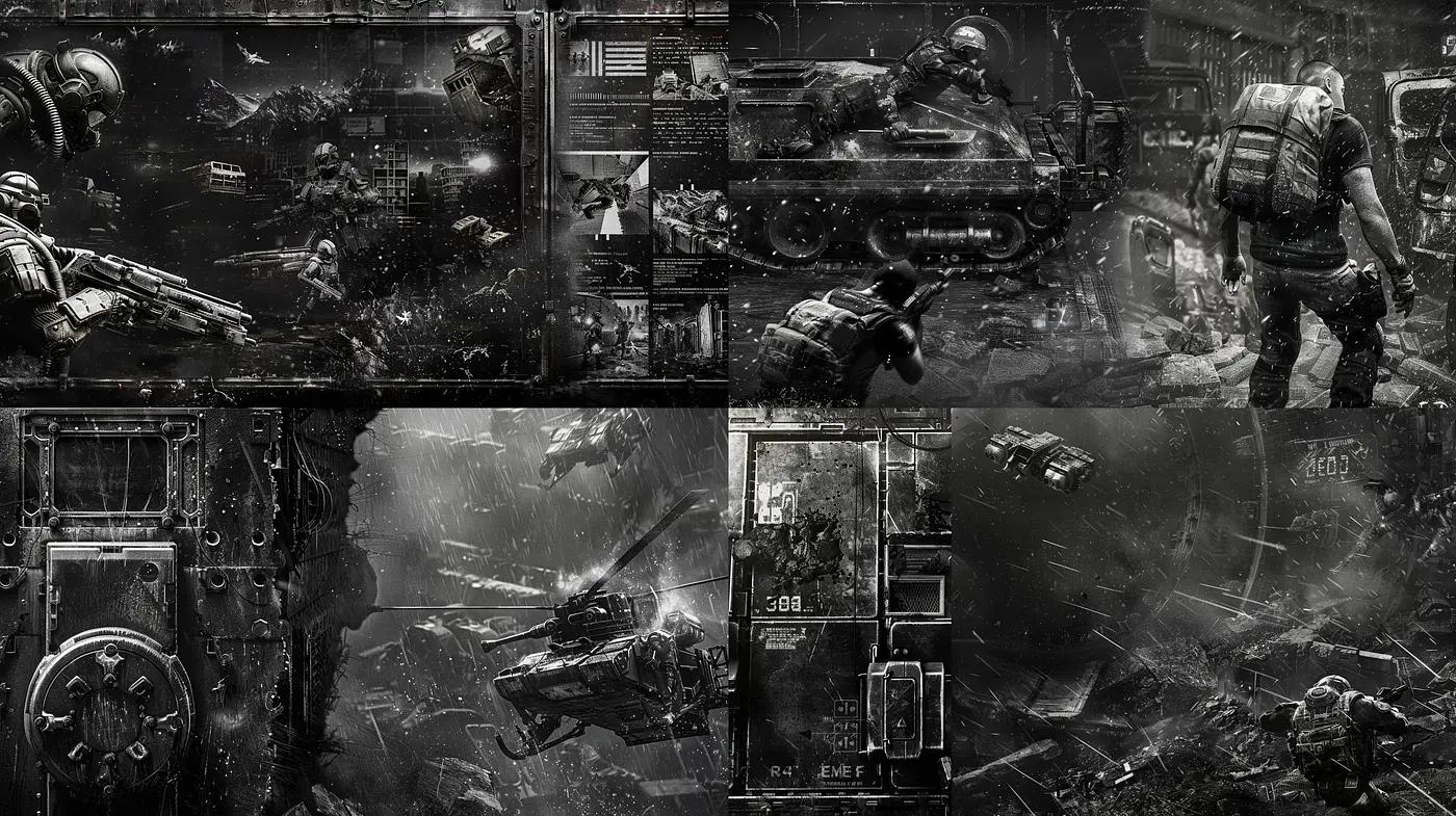 Monochromatic Dystopian Wasteland: A Darkly Textured Sci-Fi Tapestry - Midjourney sref style