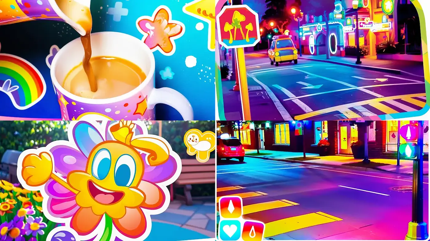 Vibrant and Whimsical Neon Aesthetic with Playful Character Elements - Midjourney sref style
