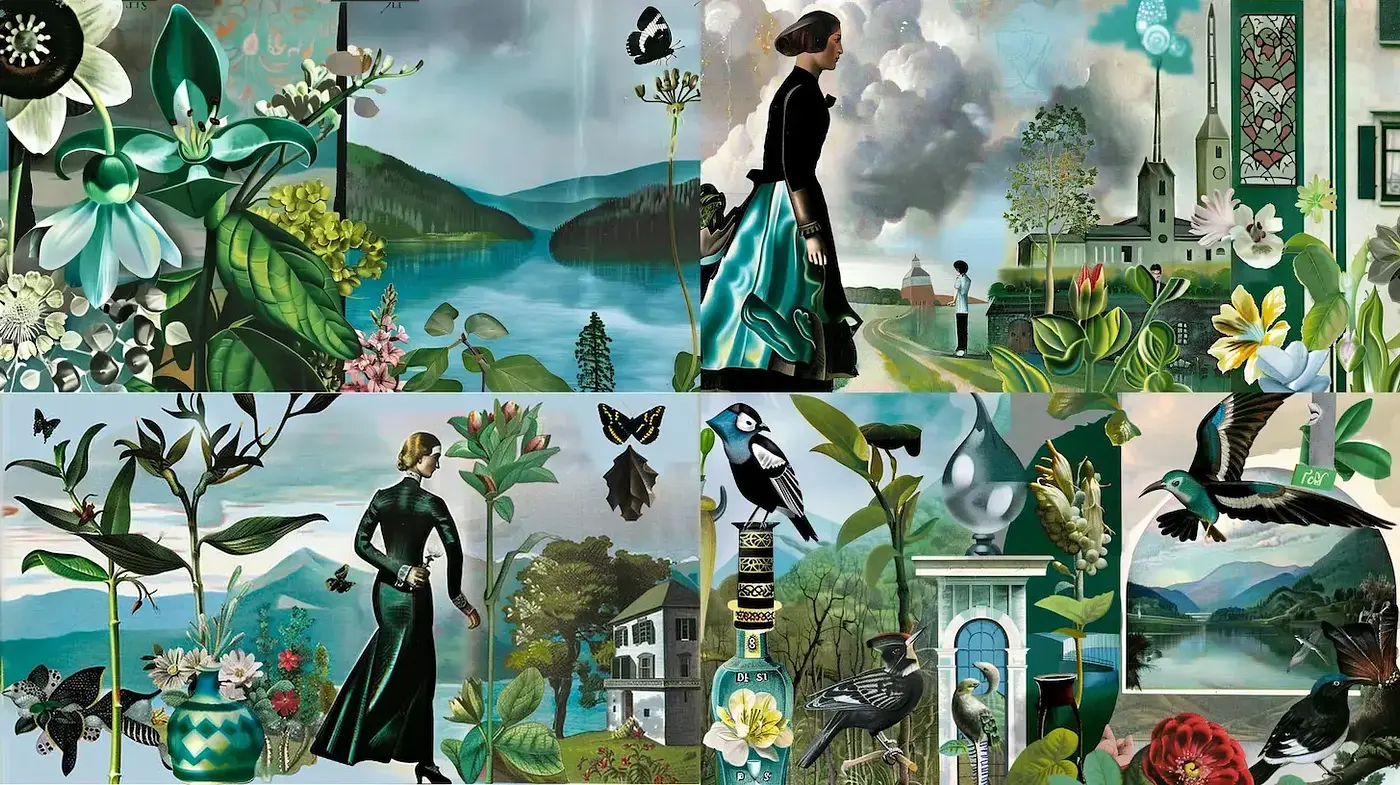 Whimsical botanical landscapes with an art nouveau touch - Midjourney sref style