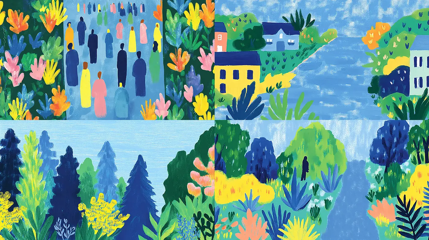 Vibrant and Whimsical Landscape with a Lush Folk Art Aesthetic - Midjourney sref style