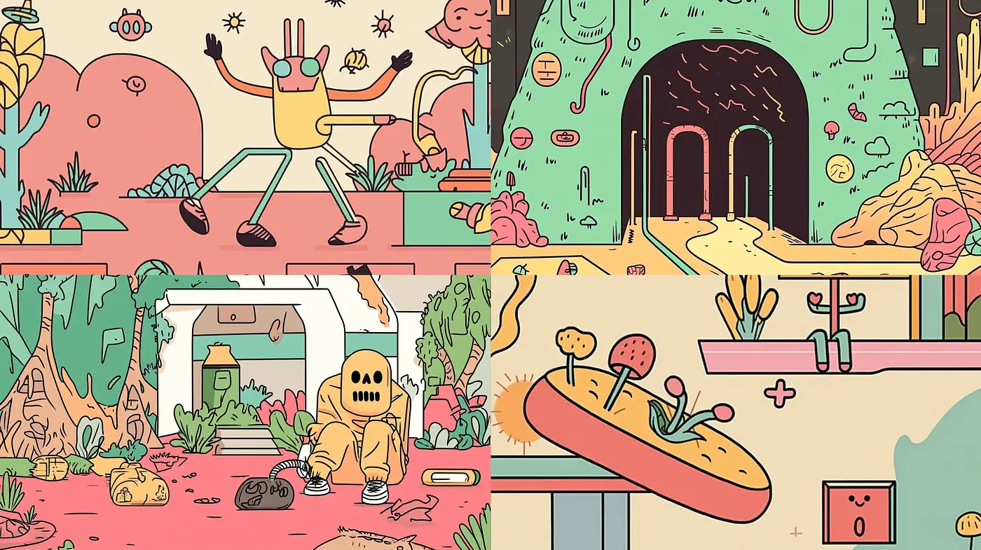 Surreal Comic Adventure in Pastel - Midjourney sref style
