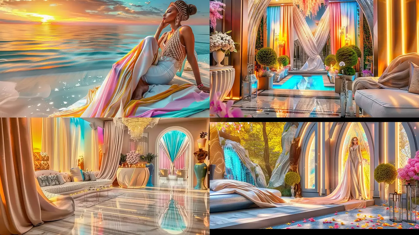Sunset Dreamscape: A Blend of Surreal Elegance and Ethereal Ambiance - Midjourney sref style